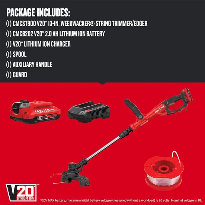 CRAFTSMAN V20 Weed Wacker Cordless String Trimmer and Edger, Weed Eater Includes 2.0 Ah Battery and Charger, Lightweight, Extended Runtime, 2 Speed (CMCST900D1)