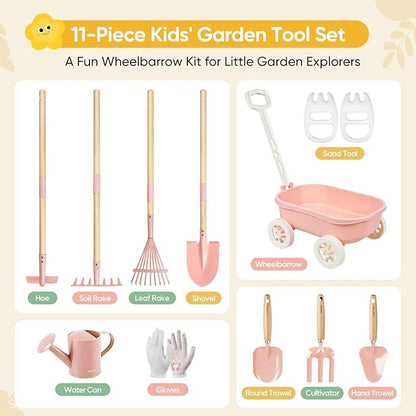 Kids Gardening Set with Wheelbarrow, 11-Piece Outdoor Yard, Beach, STEM Garden Play Kit with Child-Sized Tools, Durable, Safe & Fun Gift Toy for Ages 2+ Kids Toddlers Boys Girls (Pink)
