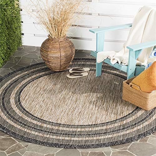 SAFAVIEH Courtyard Collection 5'3" Round Natural / Black CY8475 Indoor/-Outdoor-Waterproof Easy-Cleaning Patio Backyard Mudroom Area-Rug