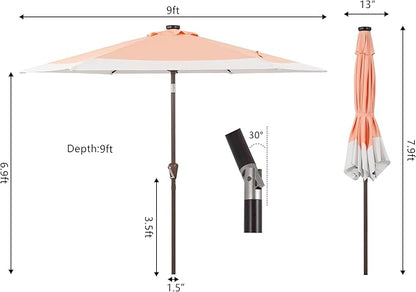JONATHAN Y UMB1100D Spencer 9 ft. Classic Coastal 2-Tone Solar LED Market Patio Umbrella with 12 LED Strip Lights, Auto-Tilt, Crank and UV Protection in Coral Pink/White