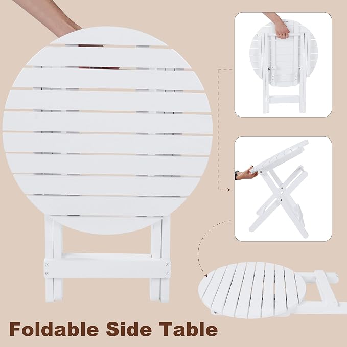 Outdoor Wooden Side Table, Folding Patio End Table, Small Round Furniture Table for Adirondack Chair, Balcony, Porch, Acacia Wood, No Assembly, White