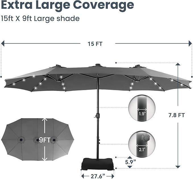 PHI VILLA 15ft Large Patio Umbrella with Solar Lights, Double-Sided Outdoor Market Rectangle Umbrellas with 36 LED Lights, Umbrella Base (Stand) Included, Light Grey