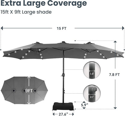 PHI VILLA 15ft Large Patio Umbrella with Solar Lights, Double-Sided Outdoor Market Rectangle Umbrellas with 36 LED Lights, Umbrella Base (Stand) Included, Light Grey