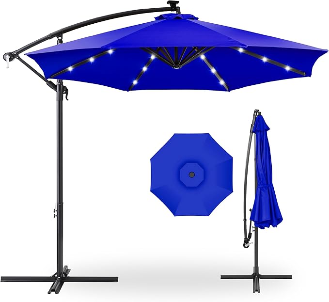 Best Choice Products 10ft Solar LED Offset Hanging Market Patio Umbrella for Backyard, Poolside, Lawn and Garden w/Easy Tilt Adjustment, Polyester Shade, 8 Ribs - Resort Blue