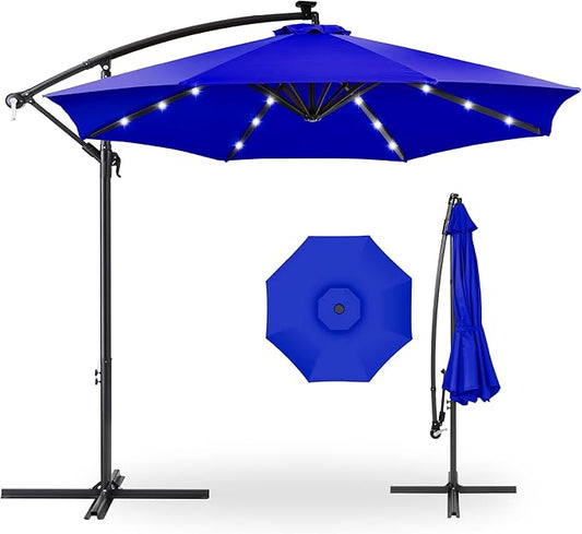 Best Choice Products 10ft Solar LED Offset Hanging Market Patio Umbrella for Backyard, Poolside, Lawn and Garden w/Easy Tilt Adjustment, Polyester Shade, 8 Ribs - Resort Blue