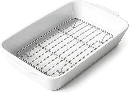 HOMBENE Casserole Dish with Roasting Racks, 3 QT Baking Dish with Handles, White Bakeware, Ceramic Baking Pan, Microwave Oven Safe, Dinner, Wedding (13.6"*8.7")
