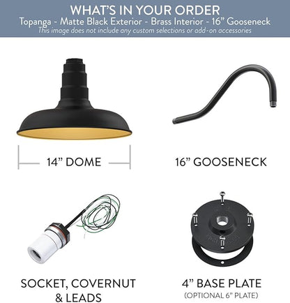Steel Lighting Co. Topanga Barn Light | Outdoor Wall Mounted | Farmhouse Garage Light Made in America | 14 inch Dome | 16 inch Gooseneck | Matte Black Exterior/Brass Interior