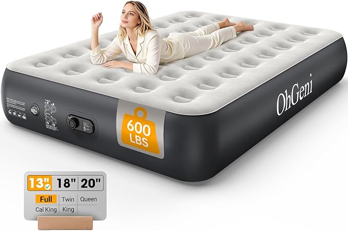OhGeni Camping Air Mattress Full with Built in Pump, Family Choice Award Winner, 13" Raised Inflatable Blow up Mattress, Portable Foldable Bed with Upgraded Surface for Home & Outdoor, 600lbs