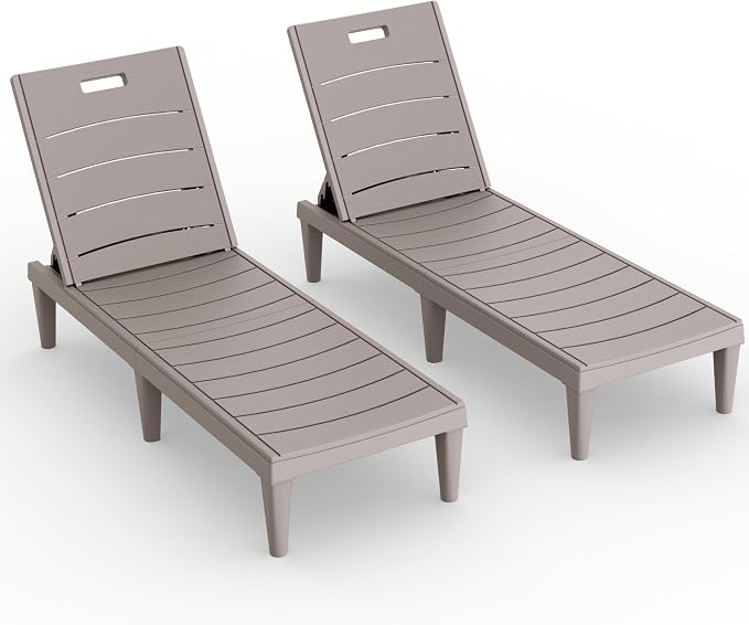 Devoko Outdoor Chaise Lounge Chair Set of 2 with 5-Position Adjustable Back, Waterproof & Lightweight PP Lounge Chairs for Outside Pool Patio (Light Brown)