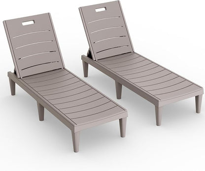 Devoko Outdoor Chaise Lounge Chair Set of 2 with 5-Position Adjustable Back, Waterproof & Lightweight PP Lounge Chairs for Outside Pool Patio (Light Brown)