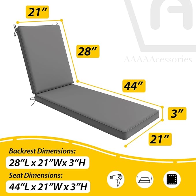 AAAAAcessories Outdoor Chaise Lounge Cushions, Waterproof, Fade-Resistant Patio Furniture Replacement Cushions, 72" x 21" x 3", Set of 2, Dark Gray