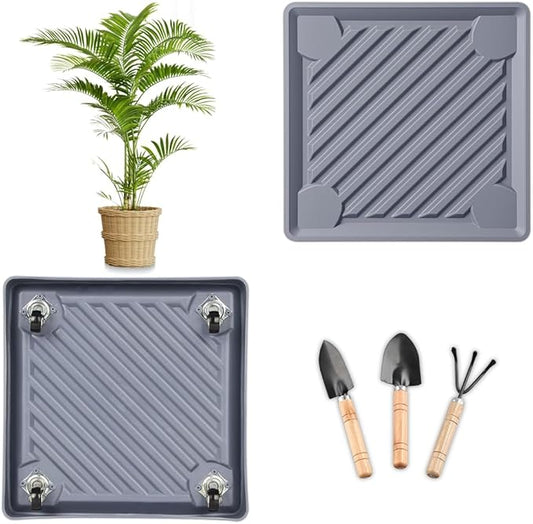 Square Plant Caddy with Hidden Wheels 10 Inch Heavy Duty Rolling Plant Stands Indoor Outdoor Plant Saucer Tray Dolly with $9.9 Garden Tools (Gray)