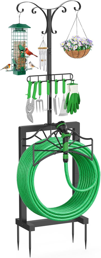 71 Inch Garden Hose Holder,Heavy Duty Free Standing Hose Rack with 6 Shepherd Hooks & 6 Hangers,Holds Up to 160ft Hose,Outdoor Hose Storage for Garden, Yard & Patio