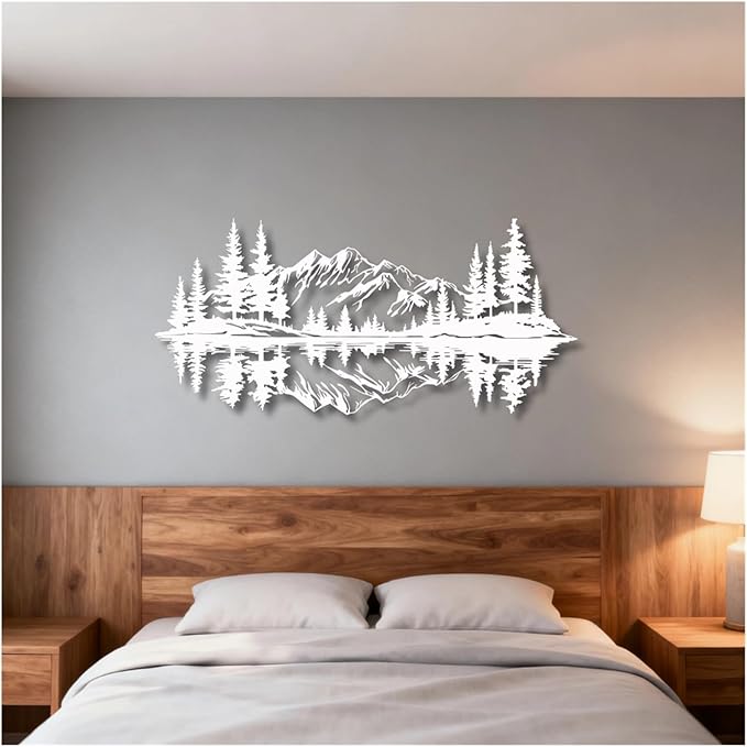 Mountain View Metal Wall Art,Nature Landscape Home Decor with Reflection,Black Iron Sculpture for Bedroom Garden Living Room Outdoor Office(White,48 x22 in/121x56 cm)