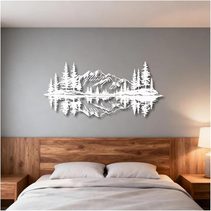 Mountain View Metal Wall Art,Nature Landscape Home Decor with Reflection,Black Iron Sculpture for Bedroom Garden Living Room Outdoor Office(White,48 x22 in/121x56 cm)