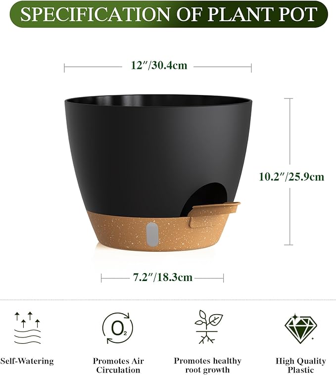 Plant Pots, 1 Pack 12 Inch Self Watering Pots with Drainage Holes, Water Level Indicator Deep Reservoir, Large Planters for Indoor Outdoor Plants - Black Brown