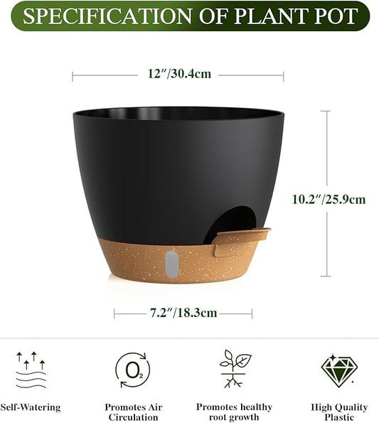 Plant Pots, 1 Pack 12 Inch Self Watering Pots with Drainage Holes, Water Level Indicator Deep Reservoir, Large Planters for Indoor Outdoor Plants - Black Brown