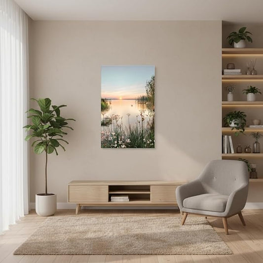 Lake Canvas Wall Art Picture: Sunset Landscape Painting Print Artwork Vertical Nature Scenery Decor for Living Room Bedroom