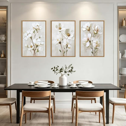 FWIEXA 3D Beige White Floral Canvas Wall Art Set 3,Texture Neutral Flower Framed Prints,Modern Abstract Aesthetic Botanical Paintings,16x24In Watercolor Minimalist Magnolia Artwork for Living Room,Bedroom,Office
