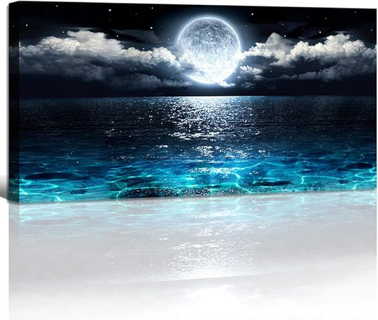 Wall Art Moon Sea Ocean Landscape Picture Canvas Wall Art Print Paintings Modern Artwork for Living Room Wall Decor and Home Décor Framed Ready to Hang,28x57inches,1inch Thick Frame,Waterproof Artwork