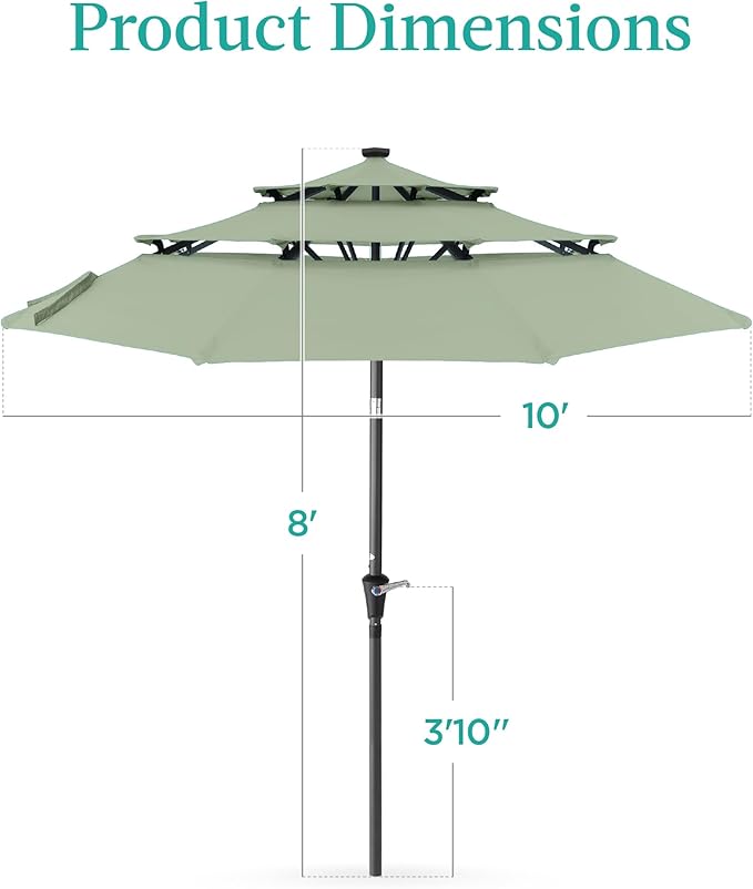 Best Choice Products 10ft 3-Tier Solar Patio Umbrella, Outdoor Market Sun Shade for Backyard, Deck, Poolside w/ 24 LED Lights, Tilt Adjustment, Easy Crank, 8 Ribs - Sage Green