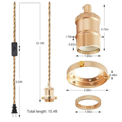 15.4ft Pendant Light Cord Kit, Industrial Vintage Plug in E26 Socket Hanging Light with Switch, Hemp Rope Hanging Light Fixture for Pendant Lamp Farmhouse Lamp Cable DIY