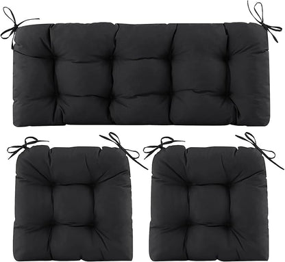 Wicker Chair Cushions of 3 Pieces, Waterproof Cushions for Patio Furniture, Tufted Wicker Outdoor Furniture Cushions, 1 Patio Loveseat Cushion and 2 U-Shaped Cushions, 44"x19"x5", Black