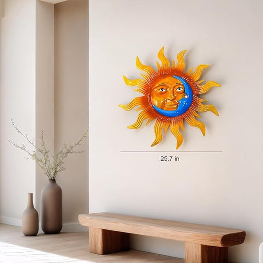 25.7'' Large Size Metal Sun Outdoor Wall Art Decor, Sun&Moon Outside Metal Art Rust Proof Wall Sculpture, Ideal for for Yard, Bedroom, Patio, Garden, Fence, Deck Pool Home and Farmhouse (Large sun)