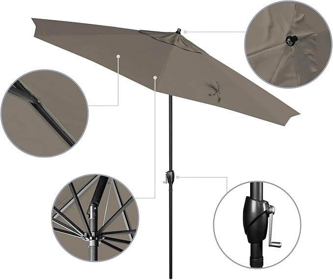 California Umbrella 9' Rd Aluminum Patio Umbrella, Crank Lift, Auto Tilt, Black Finish, 4yr Fade Warranty, Taupe