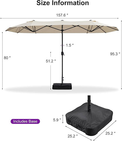 PURPLE LEAF 13ft Patio Market Umbrella with Base Double-Sided Rectangle Outdoor Table Sun Umbrellas with Crank 12 Heavy Duty Sturdy Ribs for Pool Beach Deck Backyard Khaki