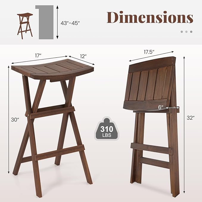 COSTWAY Folding Wooden Bar Stools Set of 2, 30-inch Height Backless Saddle Stools with Footrest, Foldable Chairs for Kitchen Island, Counter, Patio, Indoor & Outdoor, No Assembly Required, Teak
