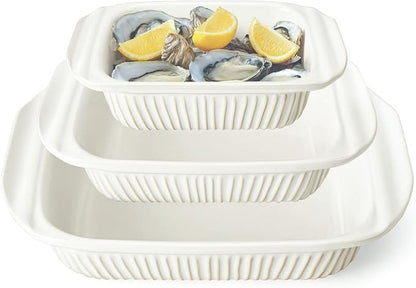 Artena Casserole Dishes For Oven, Ceramic Baking Dish, Large Lasagna Pan With Handles, Baking Pan Casserole Dish, Rectangular Bakeware Deep, Set Of 3 (5.1Qt/2.3Qt/1.1Qt) (White)