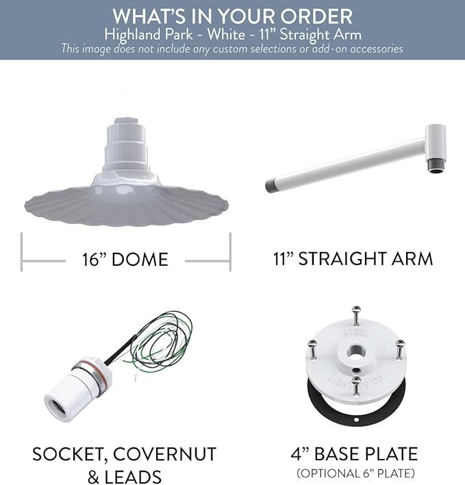 Steel Lighting Co. Highland Park Barn Light | Outdoor Wall Mounted | 16 inch Radial Wave | 11 inch Straight Arm | Vintage Style Made in America | White Exterior/White Interior