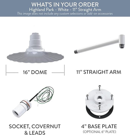 Steel Lighting Co. Highland Park Barn Light | Outdoor Wall Mounted | 16 inch Radial Wave | 11 inch Straight Arm | Vintage Style Made in America | White Exterior/White Interior