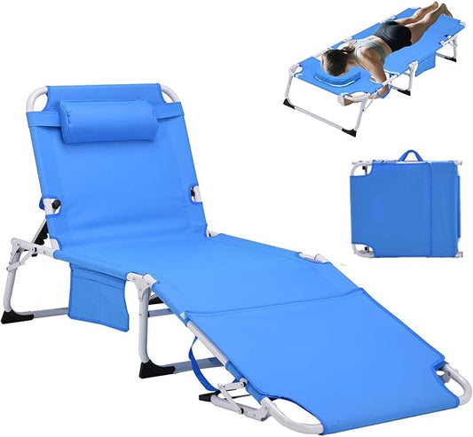 HRVEOCEI 3-in-1 Sun Tanning Chair with Face Hole,Adjustable 5-Position Folding Laying Out Chairs for Tanning,Outdoor Face Down Beach Lounger Sun Bathing Lounge Chair for Pool Deck Patio (Blue)