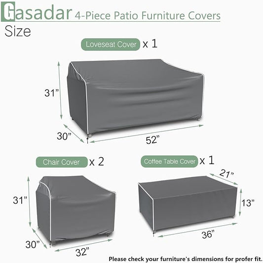 Gasadar Patio Furniture Cover 4-Piece Set, Outdoor Furniture Cover Waterproof for Lawn Patio Chairs, Loveseat and Coffe table, Grey