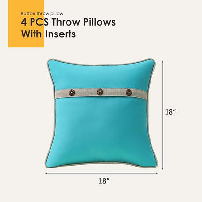 Outdoor Sunbrella Decorative Pillows with Triple Coconut Buttons Pack of 4, 18" x 18" Outdoor Pillow Set for Couch Bed Throw Patio Sofa, Canvas Aruba/Cast Ash