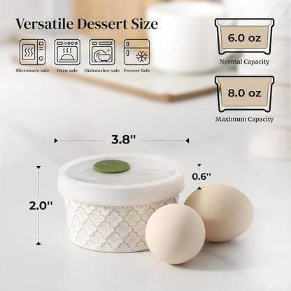 DOWAN Ramekins Oven Safe with Lids 6 oz, Charcuterie Boards Bowls Set for Creme Brulee, Souffle, Dipping Sauces, Custard Cups Ceramic Food Storage Containers, Set of 6, Beige