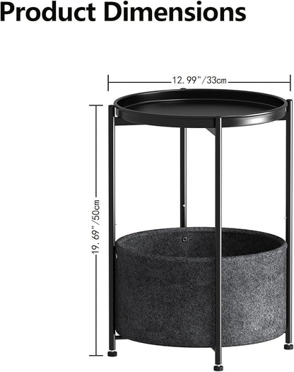 Garden 4 you Small Side Table, Mini Round End Table, Black Tray Table with Fabric Storage Basket, Modern Nightstand for Living Room, Bedroom, Patio, Small Space, 2pcs