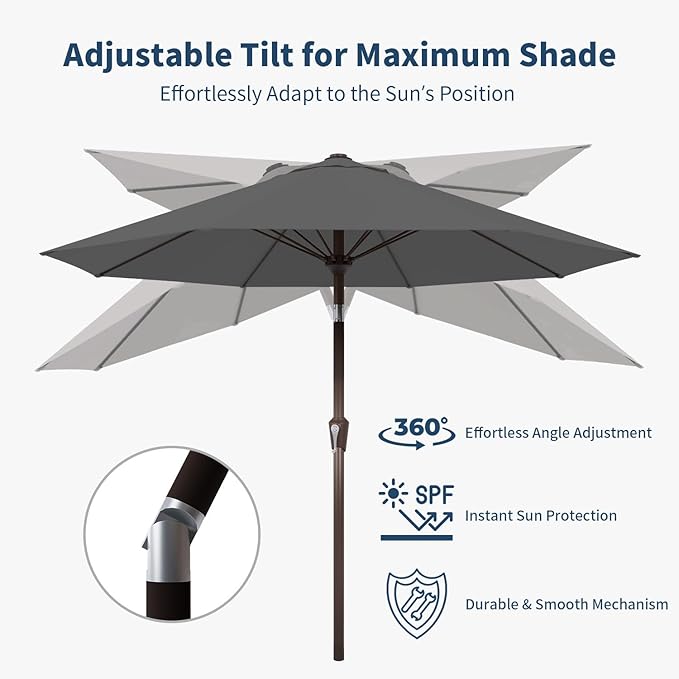 10FT Patio Umbrella Outdoor Market Umbrella with Crank and Tilt, 8 Flexible Fiberglass Ribs, UV-Resistant Waterproof Canopy for Patio, Deck, Garden, Backyard, Gray