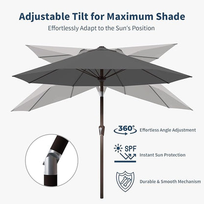 9FT Patio Umbrella with Fiberglass Ribs, Outdoor Market Table Umbrella with Crank and Tilt, UV Resistant Waterproof Canopy for Patio, Garden, Deck, Pool, Gray
