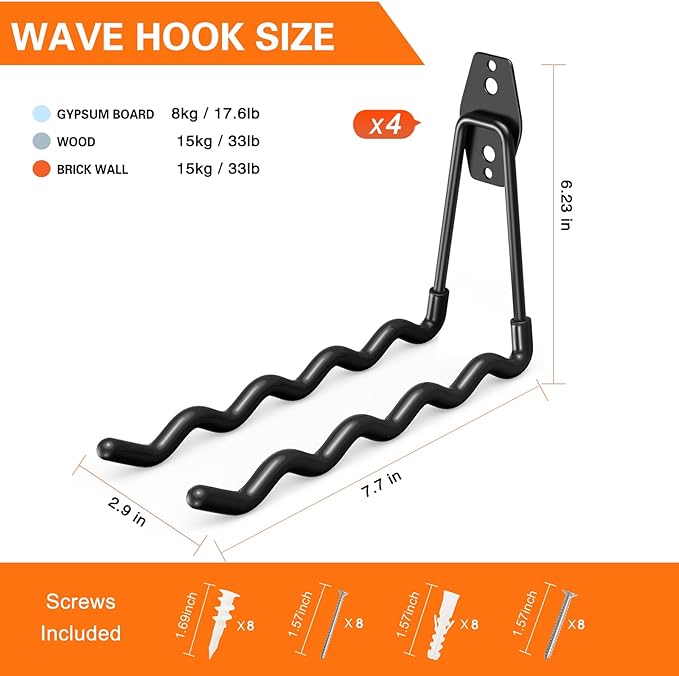 HUPBIPY Heavy Duty Garage Hooks 4 Pack, 7.7 inch Wave Long Hanger, Wall Mounted Storage System, Power and Garden Tool Organizer, for Hanging Ladders, Bikes, Hose, Bulk Items and More