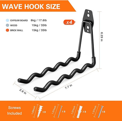 HUPBIPY Heavy Duty Garage Hooks 4 Pack, 7.7 inch Wave Long Hanger, Wall Mounted Storage System, Power and Garden Tool Organizer, for Hanging Ladders, Bikes, Hose, Bulk Items and More