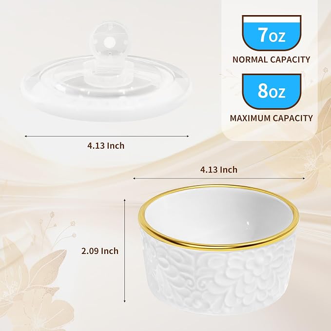 6 Sets Ramekins Oven Safe with Lids, 8 OZ Creme Brulee Ramekins Embossed Flora White Ceramic Ramekin Baking Dish for Souffle Custard Dips Soup Small Bowls for Dessert Appetizers Meal Prep Thanksgiving Christmas Gift