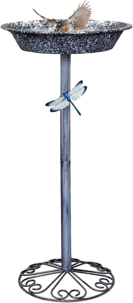 Outdoor Garden Bird Bath, 25.5 inch Height Bird Feeder, Metal Birdbath with Dragonfly for Garden Yard Patio Lawn Decoration, Gray