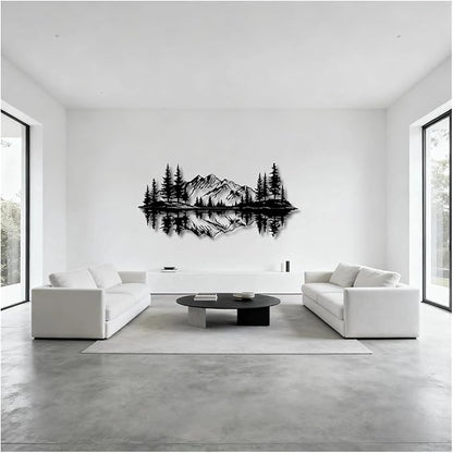 Mountain View Metal Wall Art,Nature Landscape Home Decor with Reflection,Black Iron Sculpture for Bedroom Garden Living Room Outdoor Office(Black,59 x28 in/150x70 cm)
