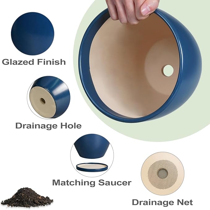 10 Inch Plant Pot - Ceramic Planter with Drainage Hole and Saucer, Modern Flower Pot, Round Planters for Indoor Plants, Home Patio Bathroom Porch Garden Living Room Decor, Blue