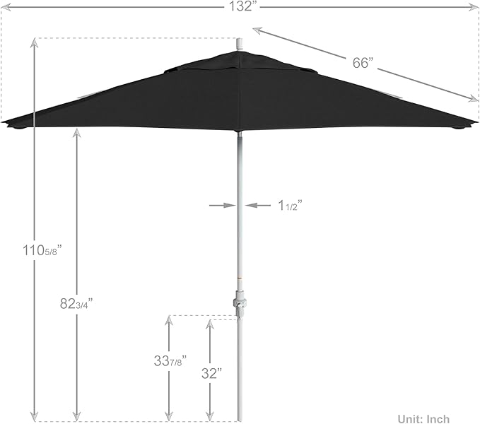 California Umbrella 11Ft Premium Patio Umbrella, Hand-Crank, Tilt-Collar, White Frame, Solution Dyed Black Fabric