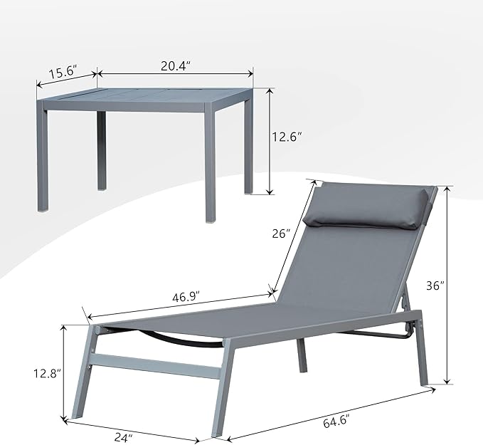 Domi Patio 3 Pieces Textilene Chaise Lounge Set with Side Table Outdoor,Adjustable Back&Pillow for Yard,Garden,Sunbathing,for All Seasons,Grey