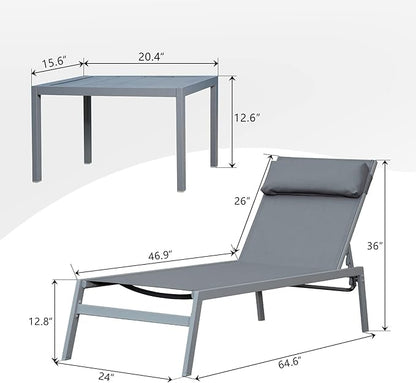 Domi Patio 3 Pieces Textilene Chaise Lounge Set with Side Table Outdoor,Adjustable Back&Pillow for Yard,Garden,Sunbathing,for All Seasons,Grey